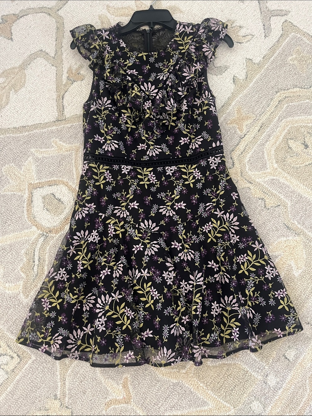 Monique Lhuillier Black Floral Ruffle Dress with Pink and Olive Accents